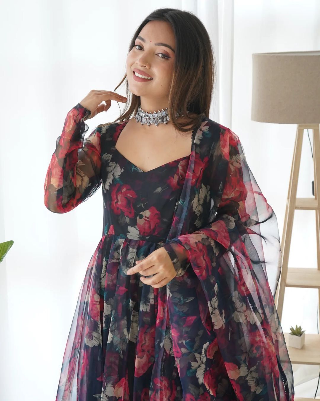 Awesome Flower Print Navy Blue Color Organza Anarkali Gown