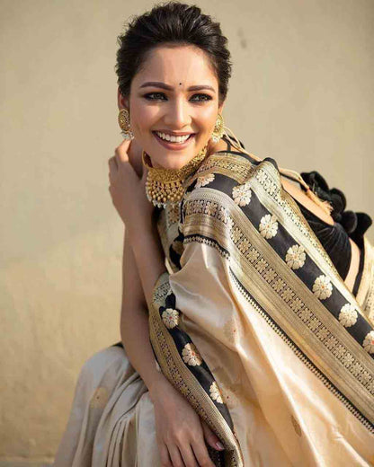 Cream Color Golden Jari Design Stylish Saree