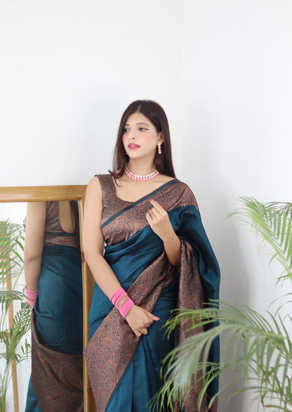 Stunning Teal Blue Color Banarasi Silk Saree