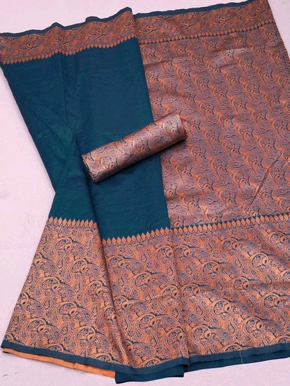 Stunning Teal Blue Color Banarasi Silk Saree