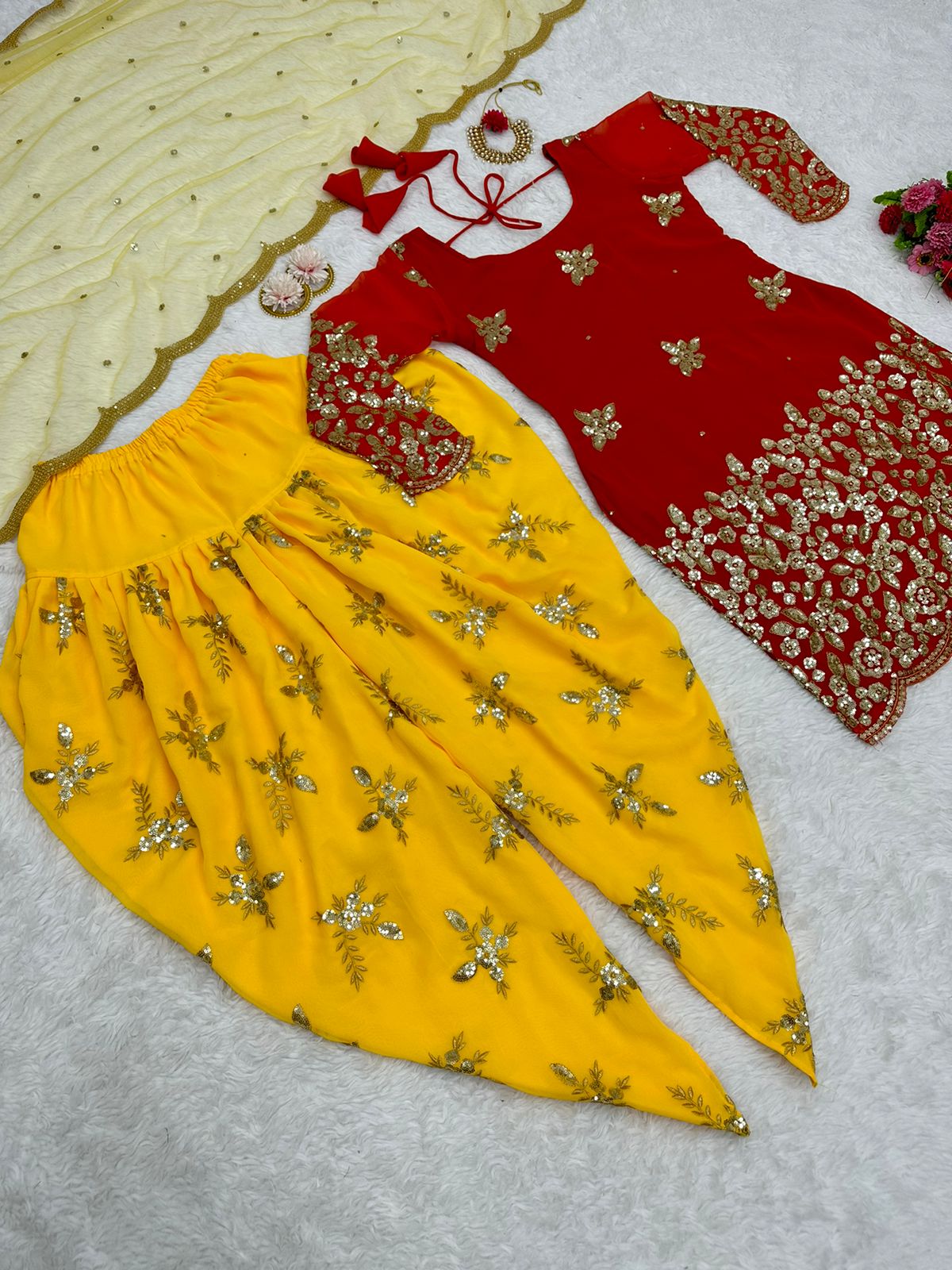 Beautiful Yellow With Red Color Sequence Work Punjabi Suit