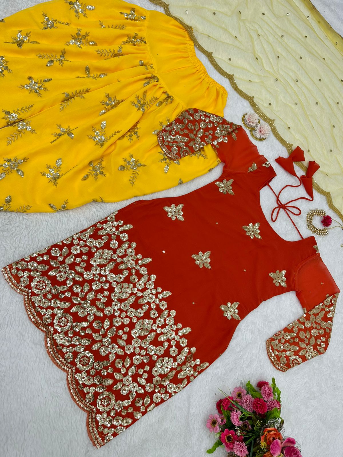 Beautiful Yellow With Red Color Sequence Work Punjabi Suit