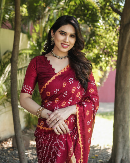 Bandhej Border With Zari Maroon Color Function Wear Saree