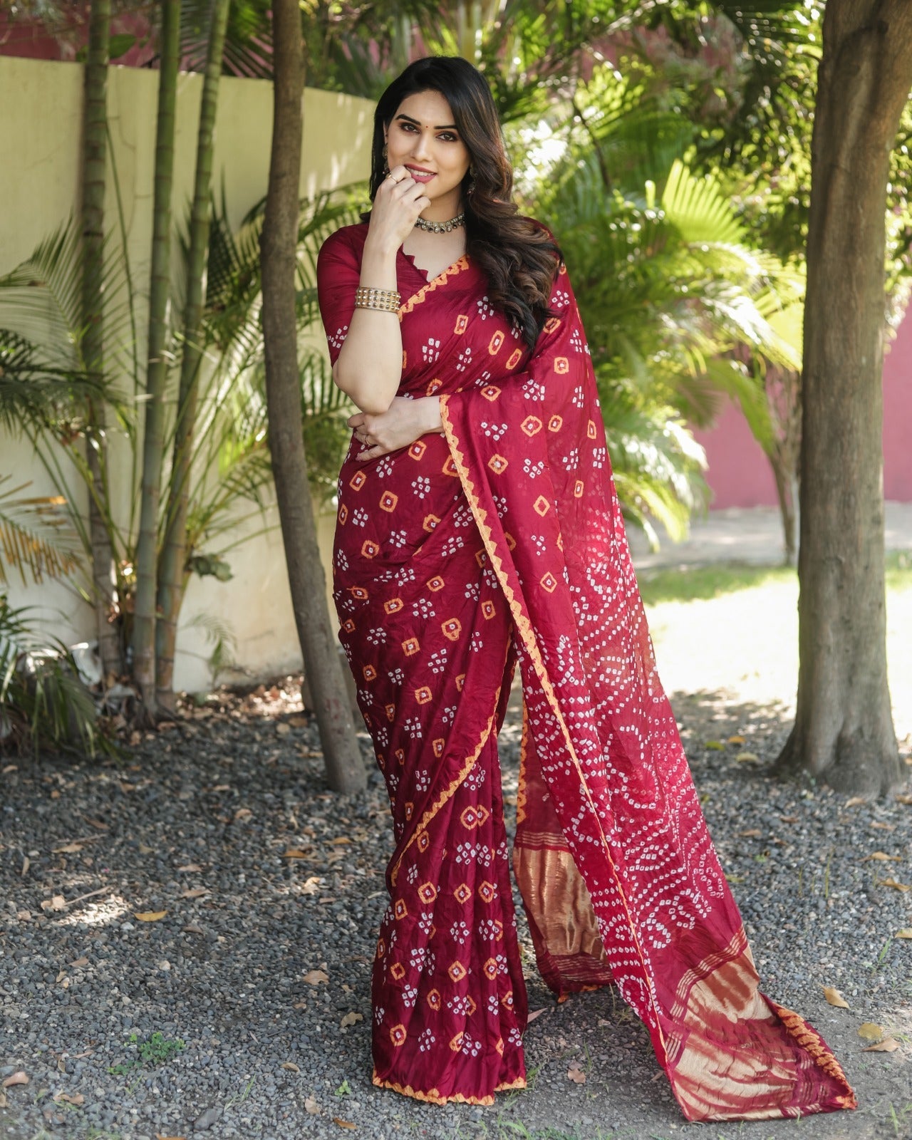 Bandhej Border With Zari Maroon Color Function Wear Saree