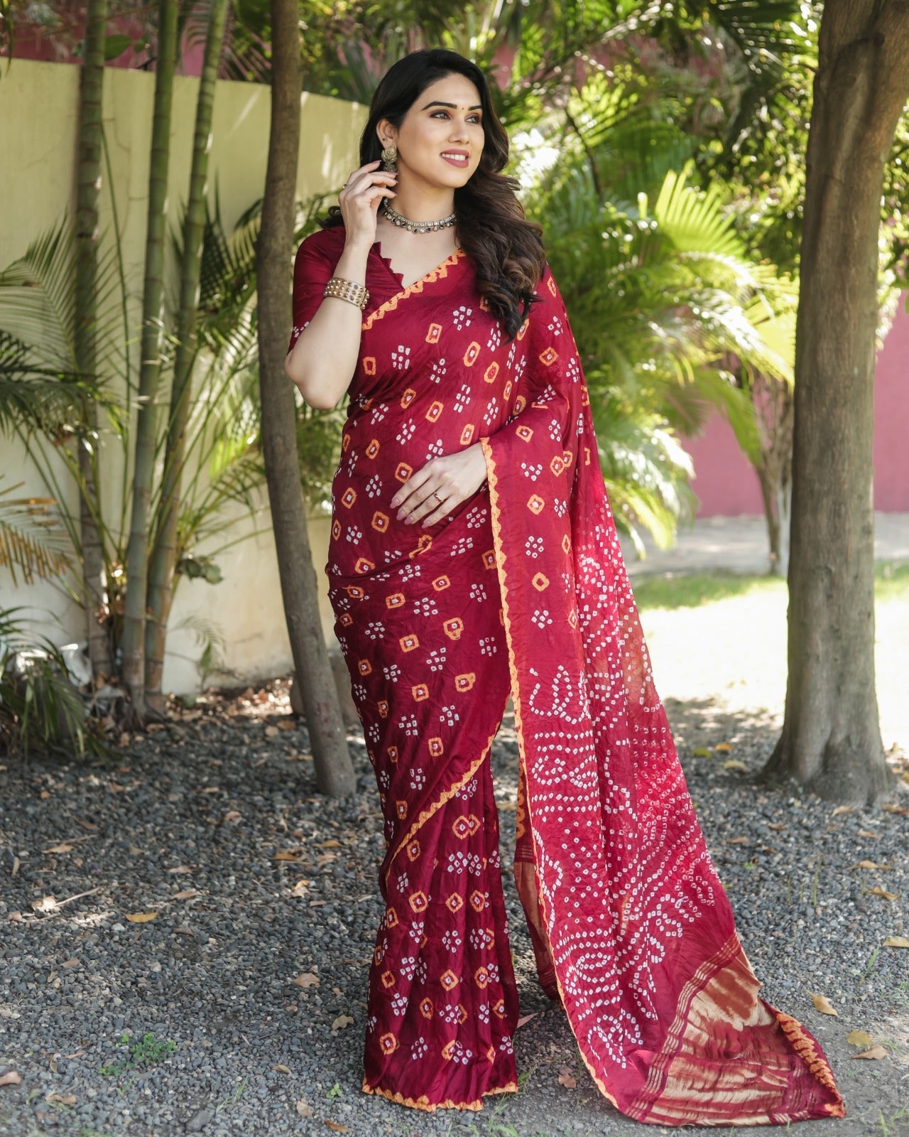 Bandhej Border With Zari Maroon Color Function Wear Saree