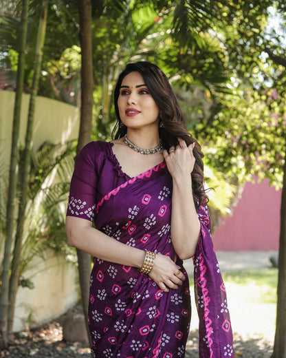 Bandhej Border With Zari Wine Color Function Wear Saree