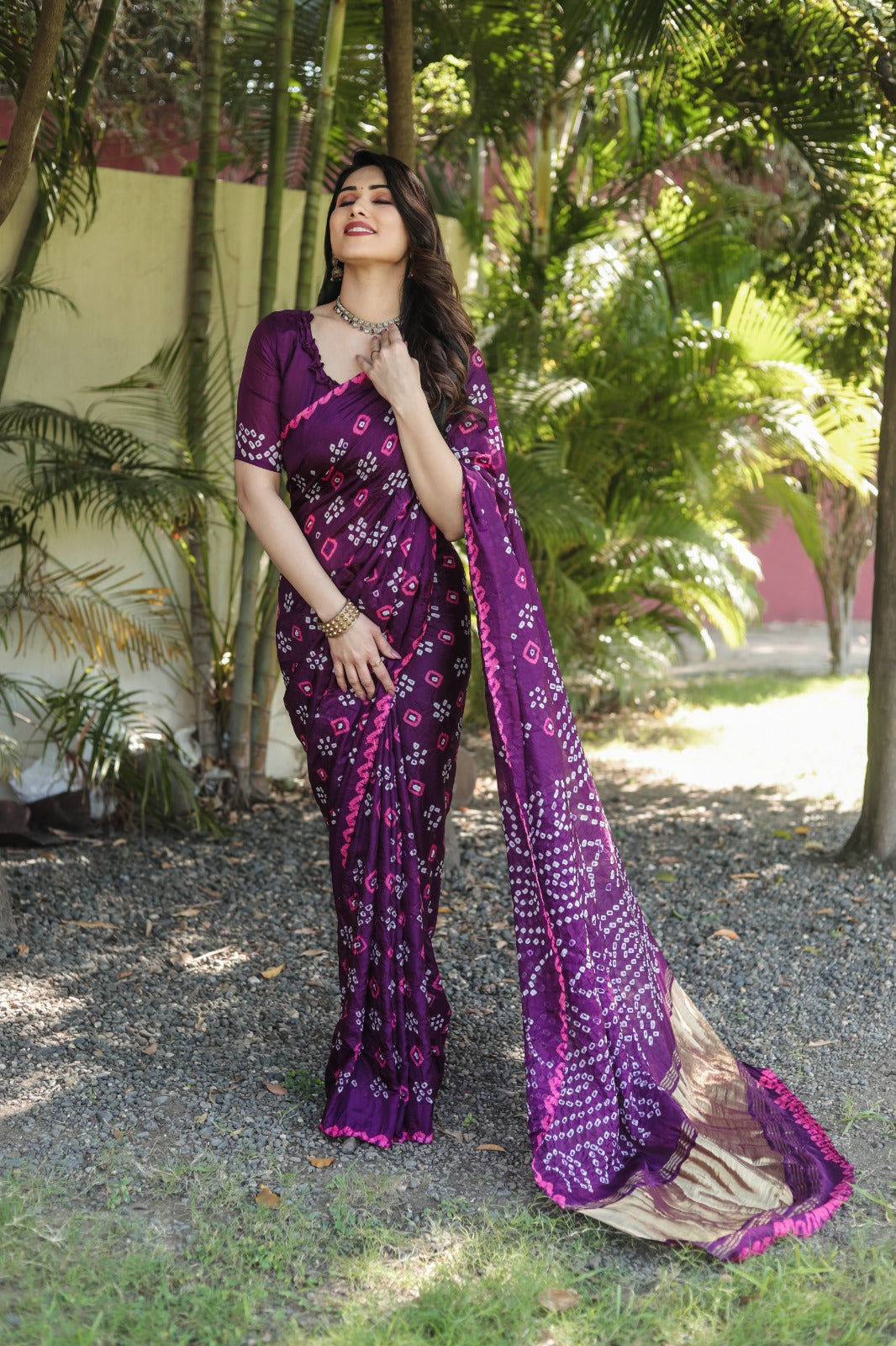 Bandhej Border With Zari Wine Color Function Wear Saree