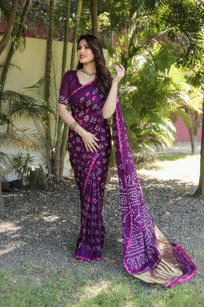 Bandhej Border With Zari Wine Color Function Wear Saree