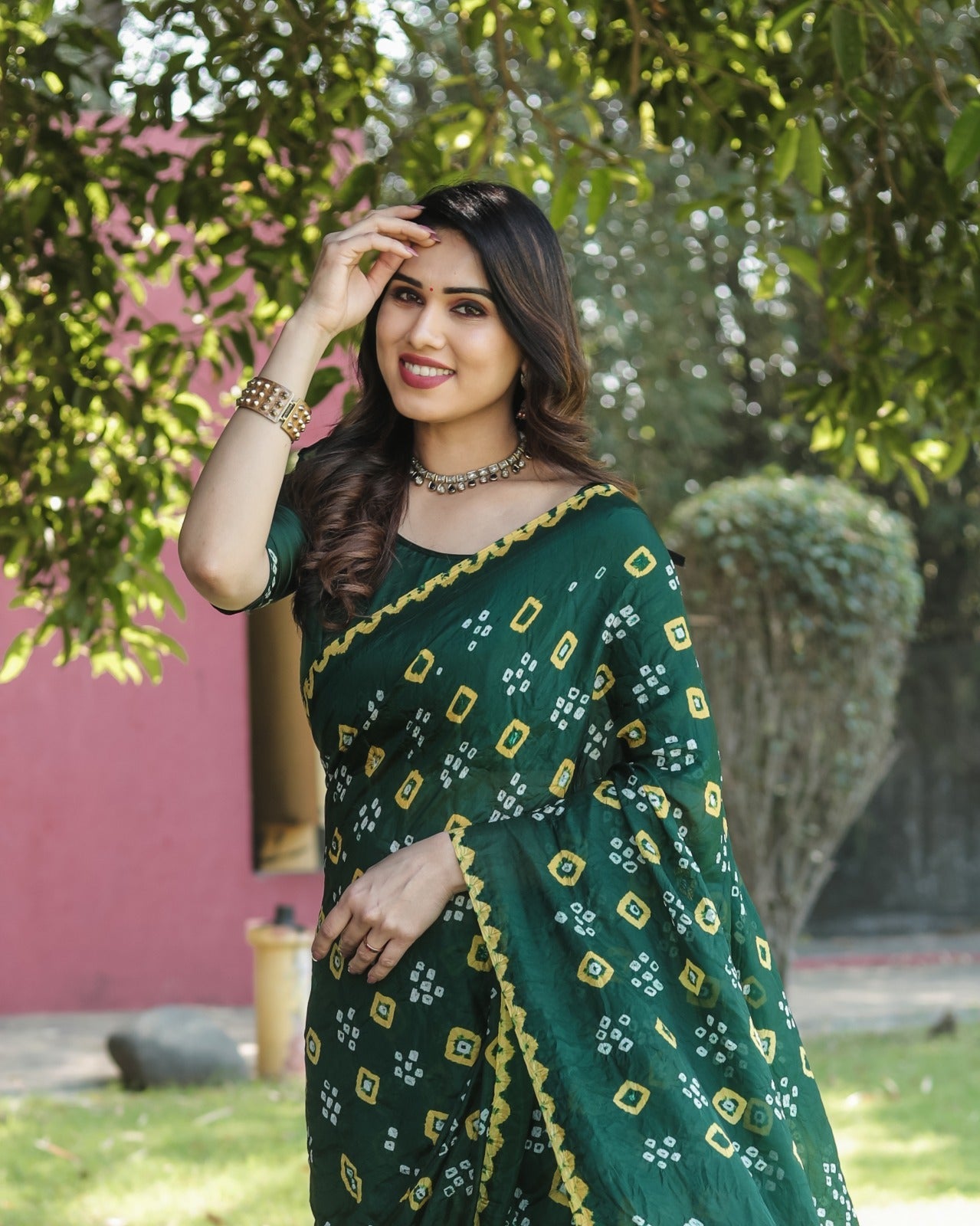 Bandhej Border With Zari Green Color Function Wear Saree