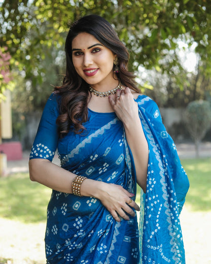 Bandhej Border With Zari Sky Color Function Wear Saree