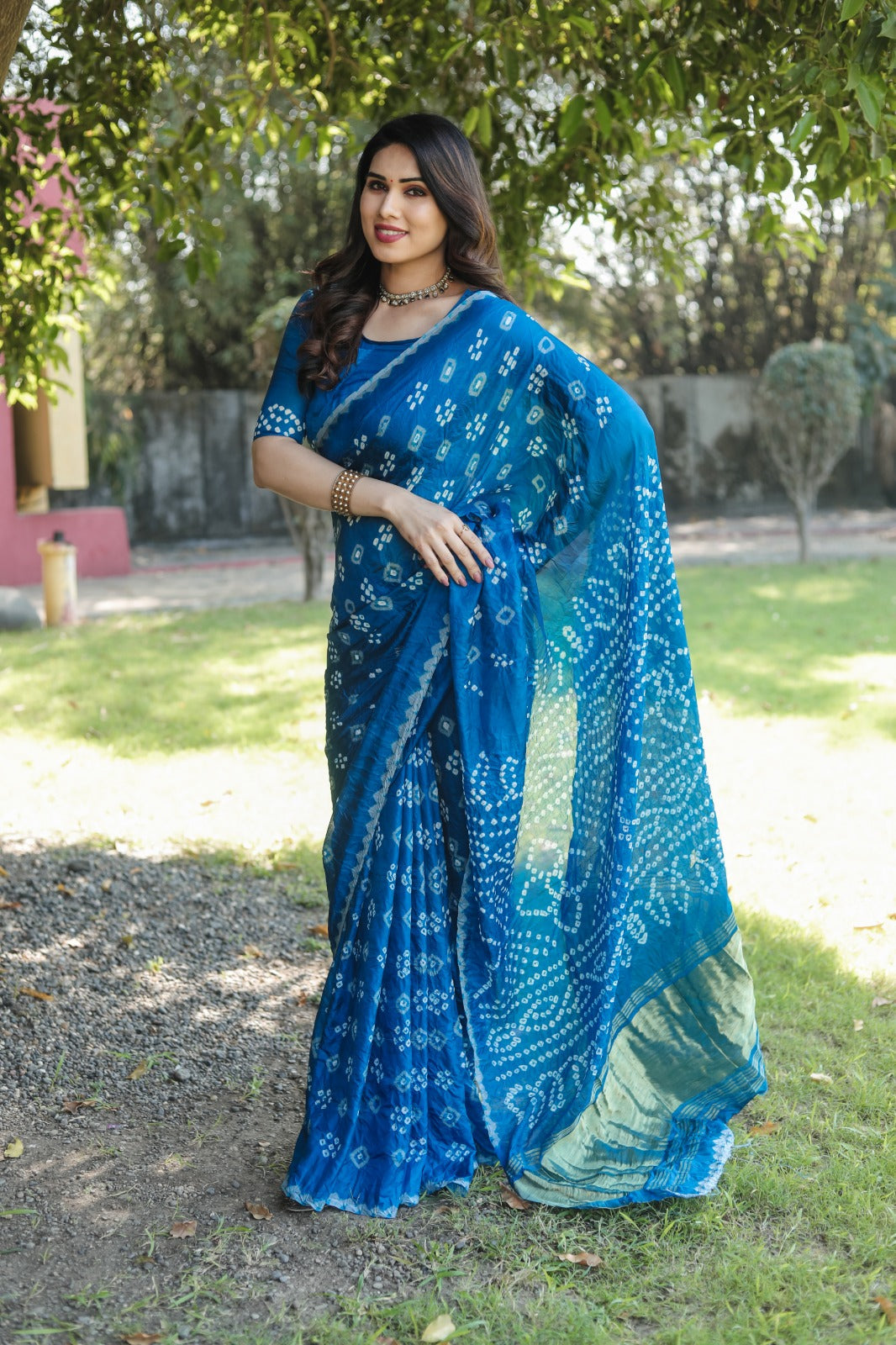 Bandhej Border With Zari Sky Color Function Wear Saree