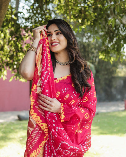 Bandhej Border With Zari Red Color Function Wear Saree