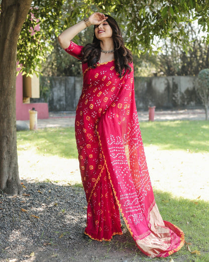 Bandhej Border With Zari Red Color Function Wear Saree