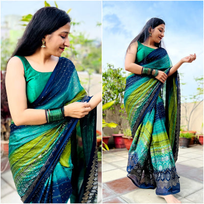 Adorable Green Color Mukesh Work Latest Saree