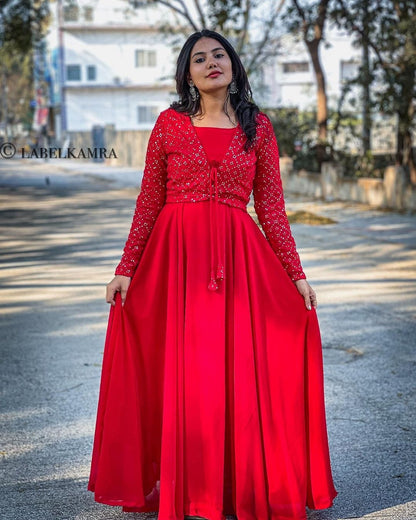 Beautiful Sequence Work Red Color Gown With Jacket