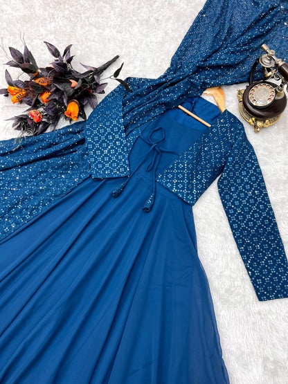 Beautiful Sequence Work Blue Color Gown With Jacket