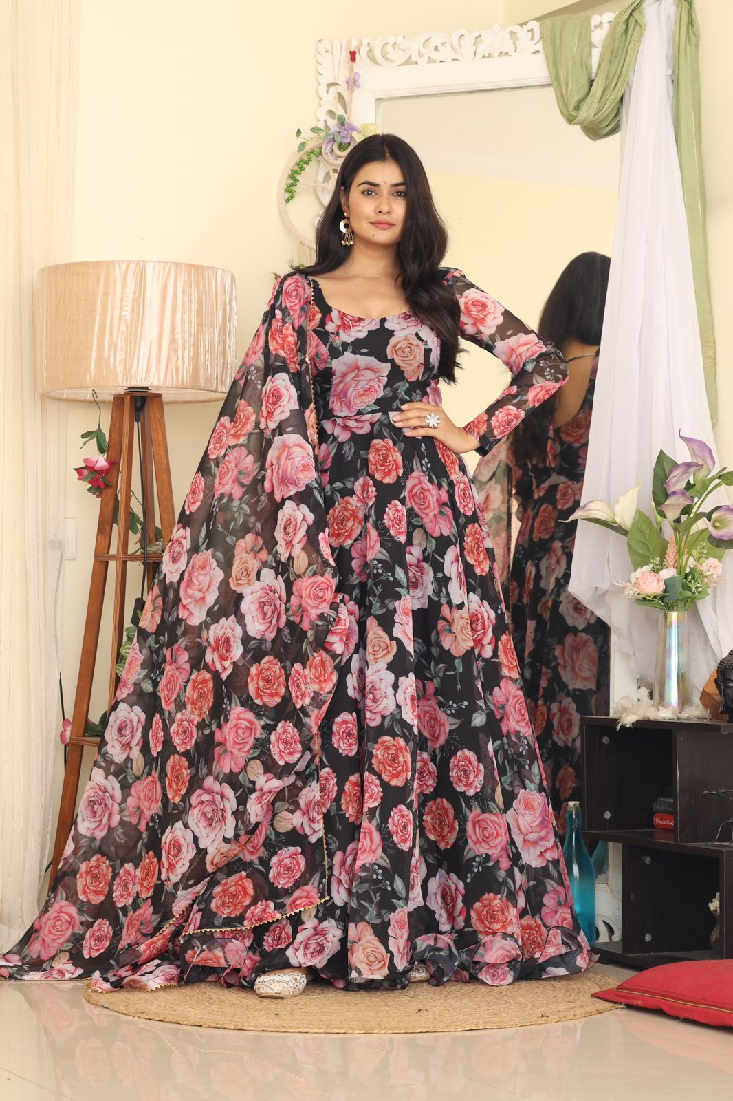 Black Color Flower Print Glamourous Gown