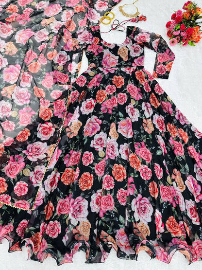 Black Color Flower Print Glamourous Gown