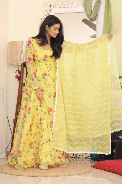 Captivating Digital Print Yellow Color Anarkali Gown