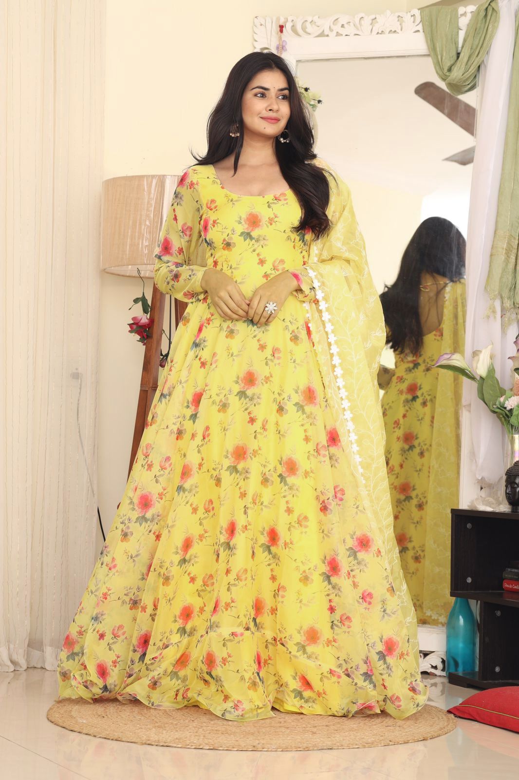 Captivating Digital Print Yellow Color Anarkali Gown