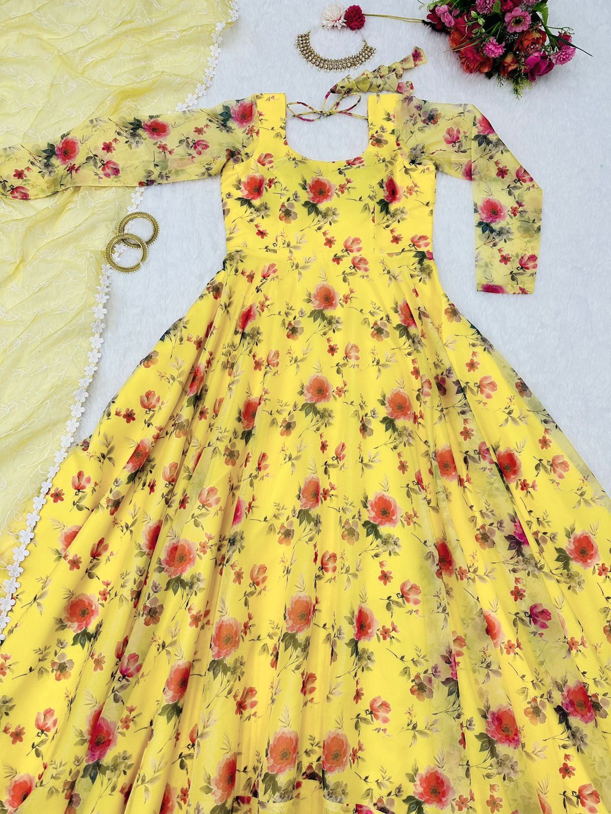 Captivating Digital Print Yellow Color Anarkali Gown