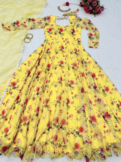 Captivating Digital Print Yellow Color Anarkali Gown