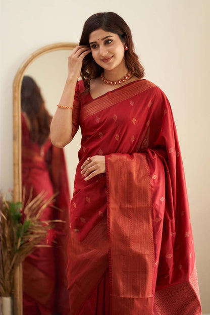 Coper Jari Banarasi Silk Red Color Outstanding saree