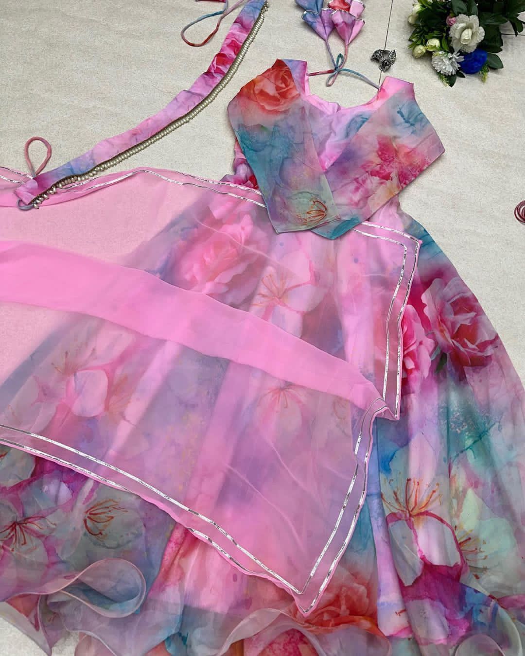 Unique Organza Silk Pink With Multi Color Gown