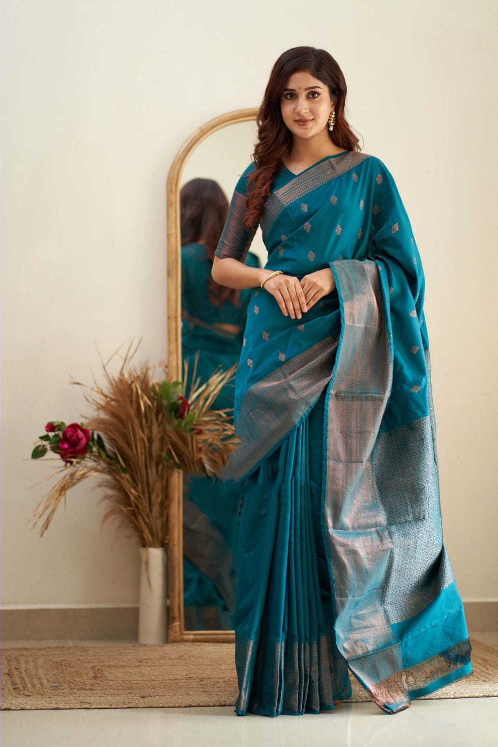 Ceremony Wear Teal Blue Color soft silk Saree