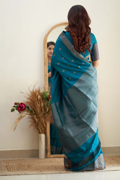 Ceremony Wear Teal Blue Color soft silk Saree