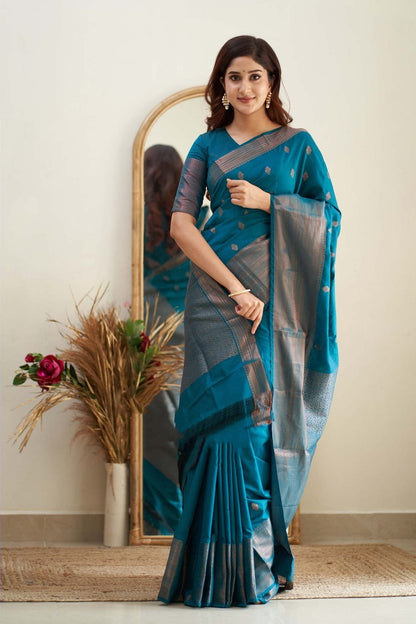 Ceremony Wear Teal Blue Color soft silk Saree