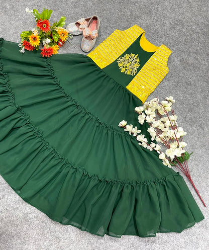 Fairy Look Kids Wear Green Color Gown With Yellow Jacket