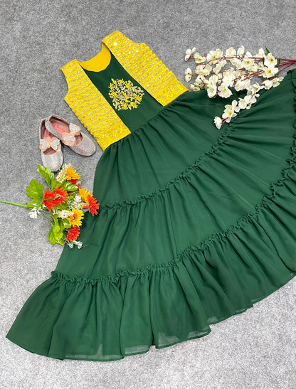 Fairy Look Kids Wear Green Color Gown With Yellow Jacket