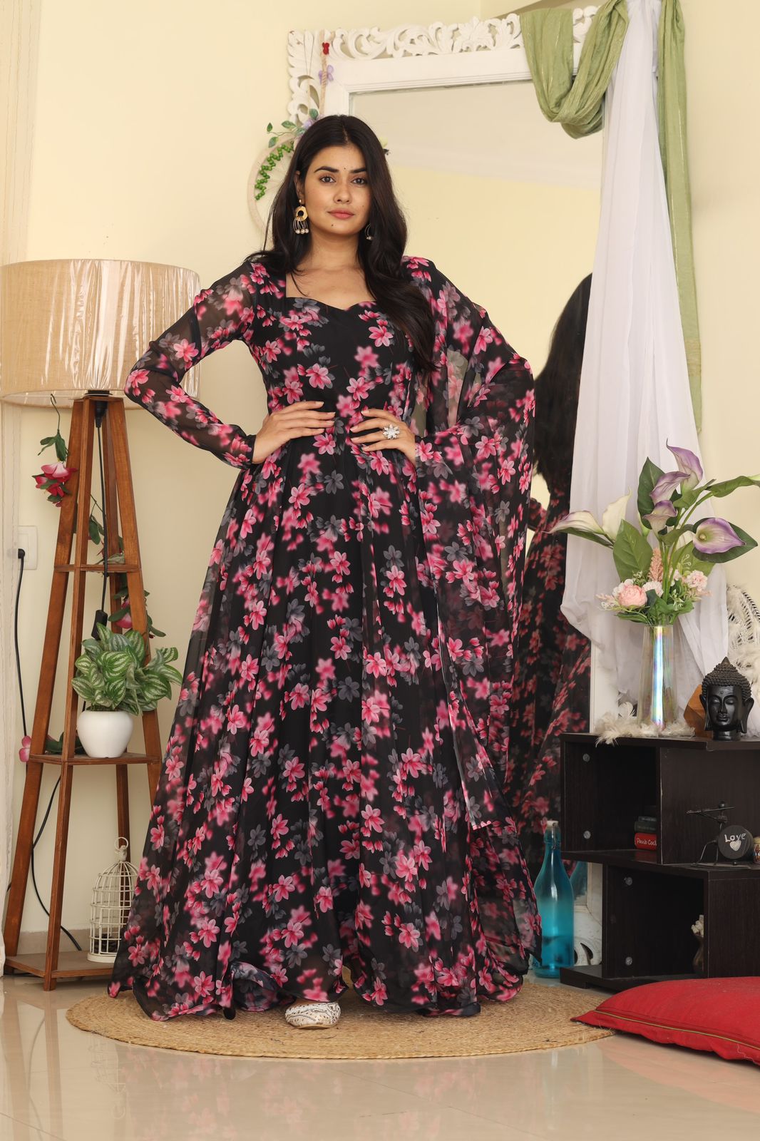 Black Color Digital Print Anarkali Gown