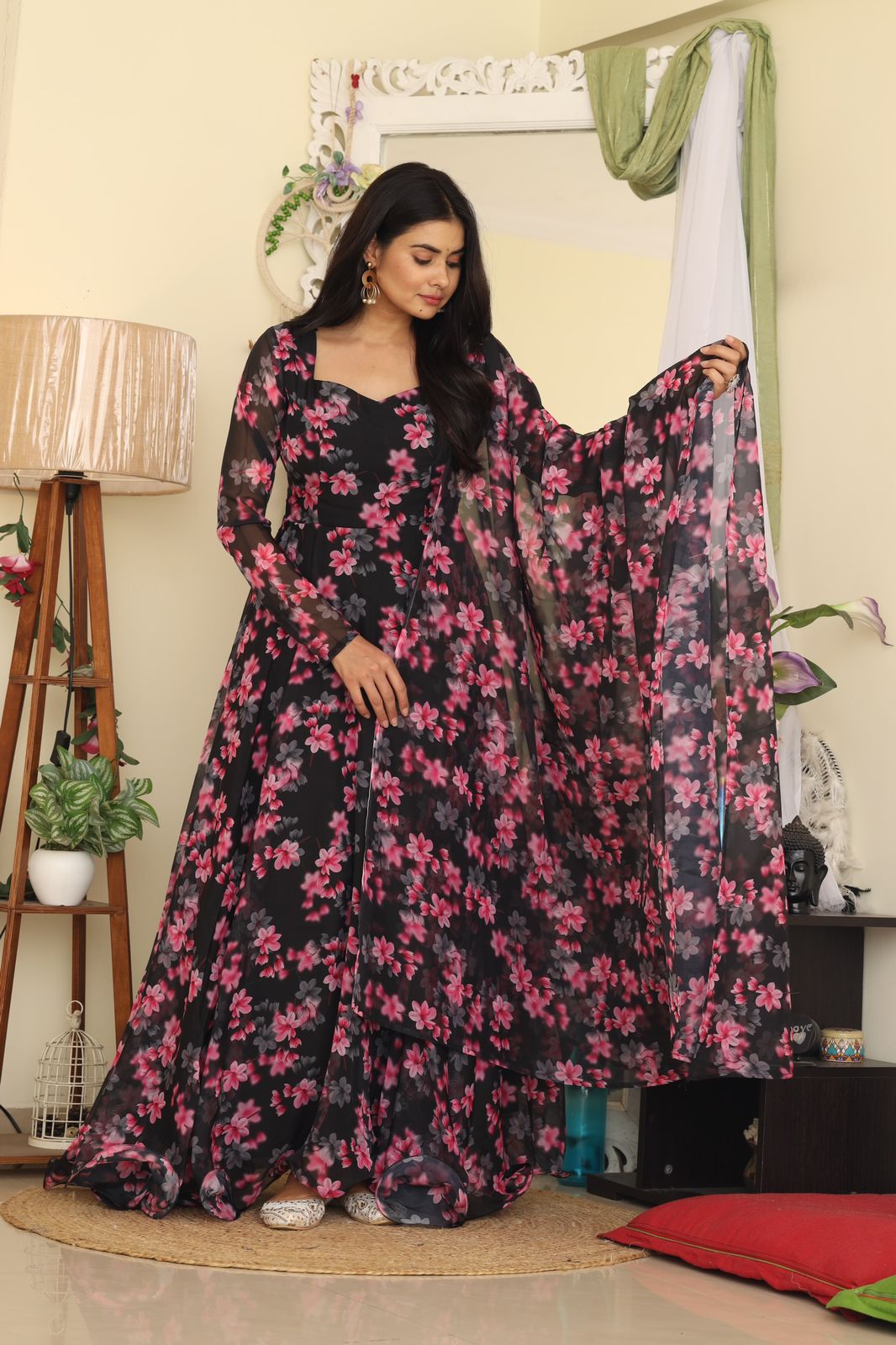 Black Color Digital Print Anarkali Gown