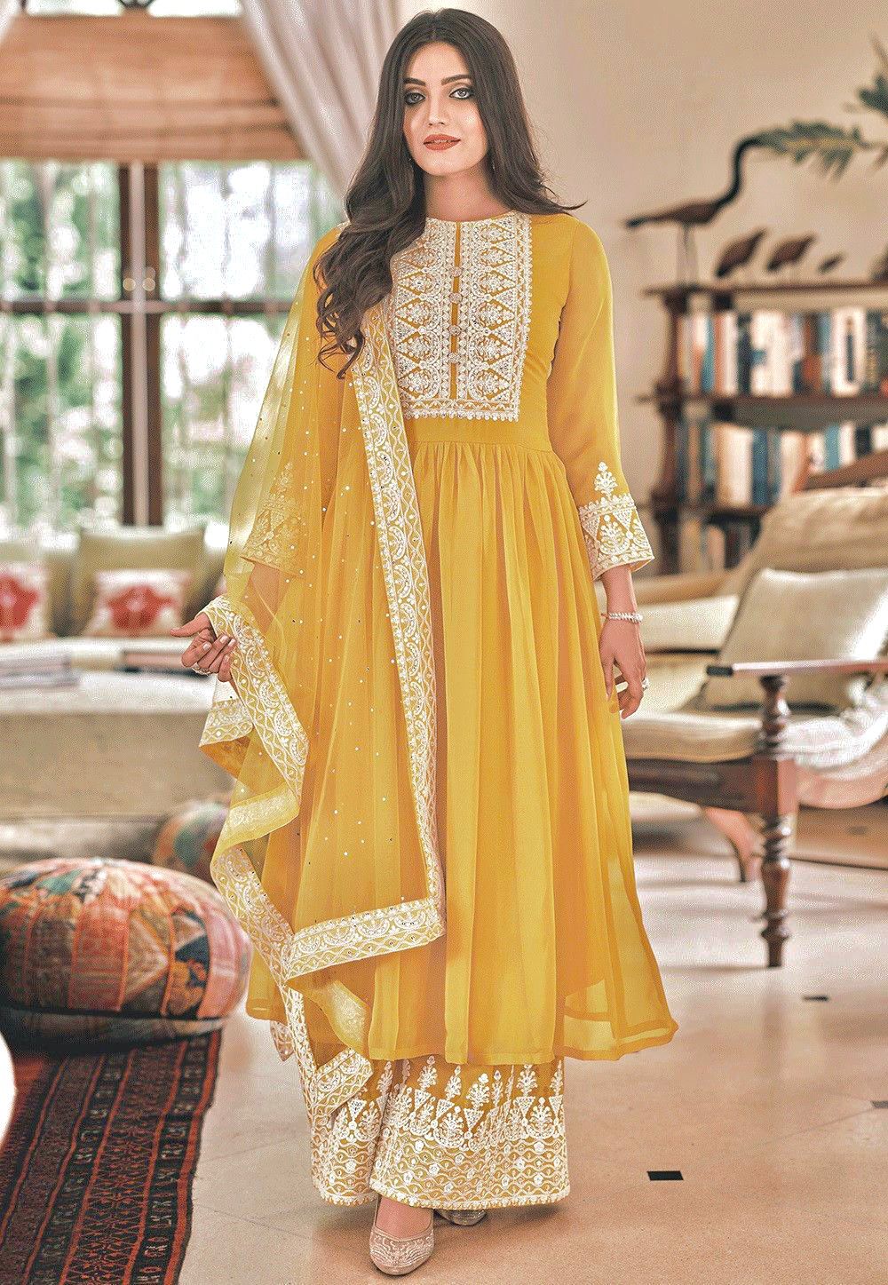 Thread Work Yellow Color Long Top With Palazzo