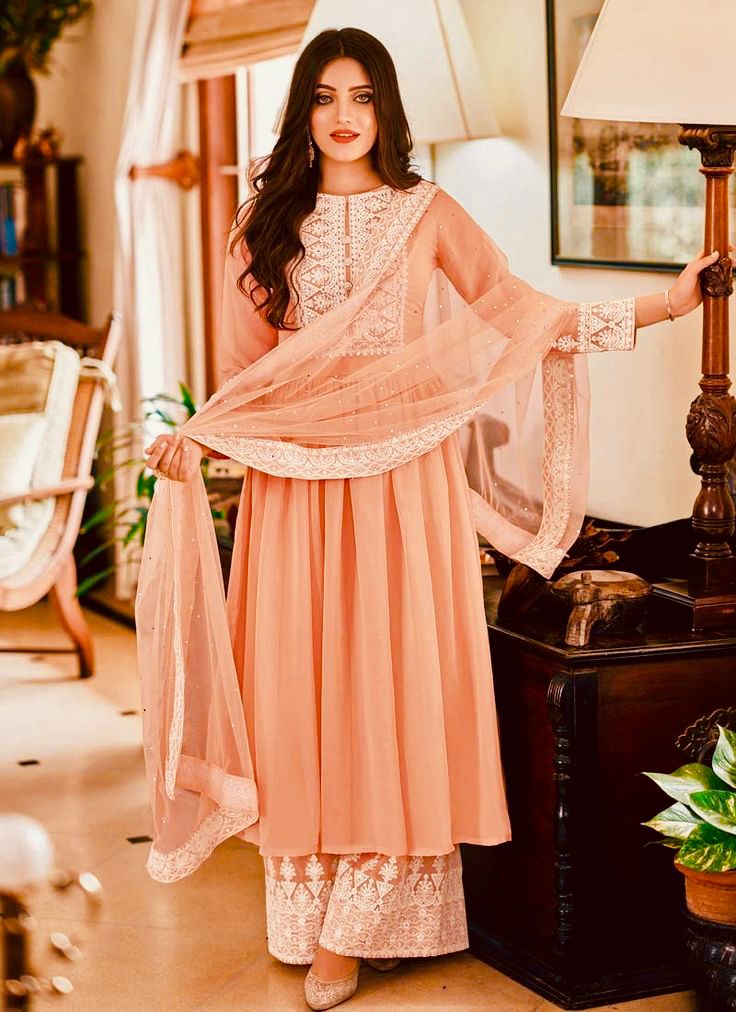 Thread Work Peach Color Long Top With Palazzo