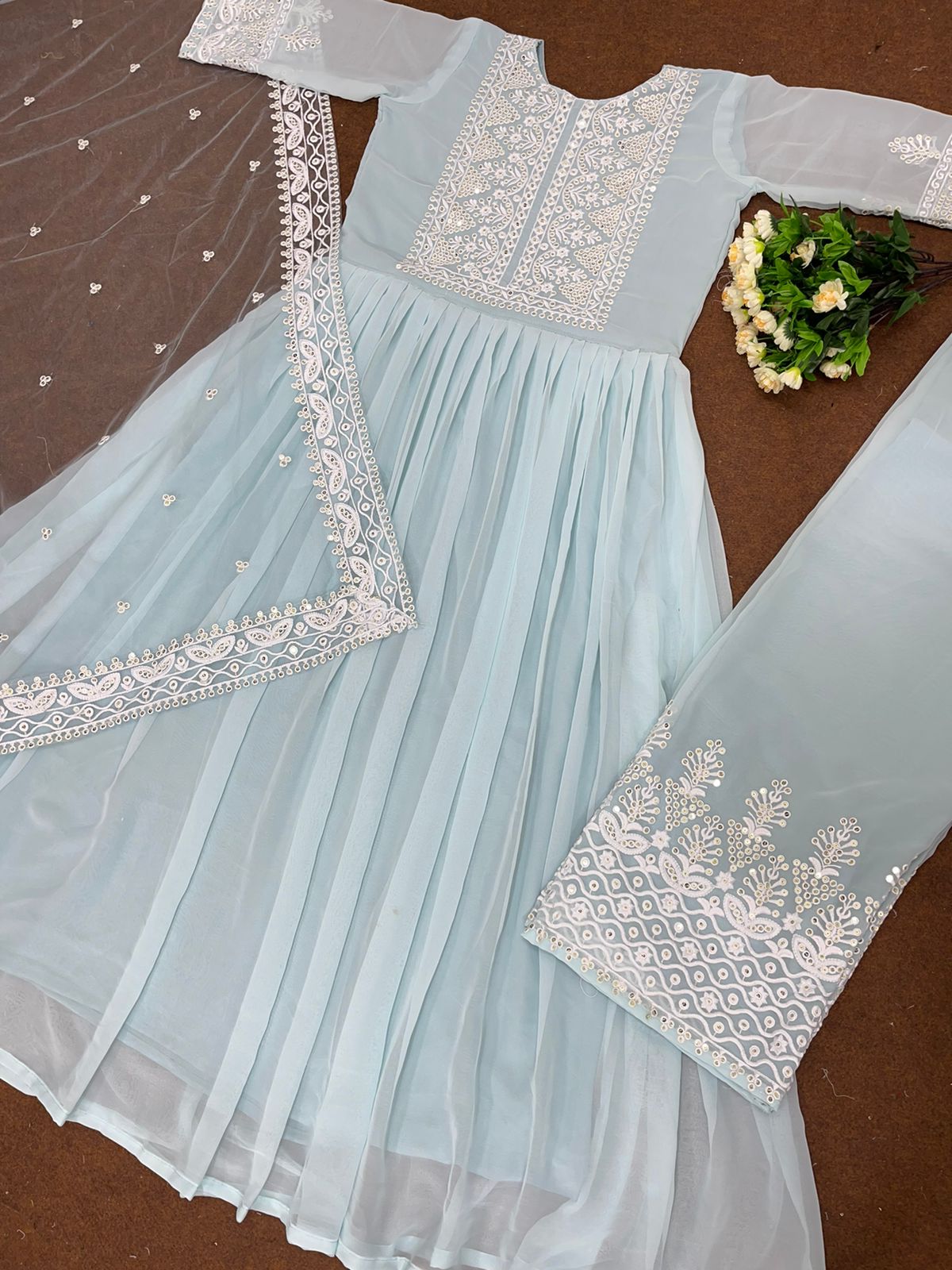 Thread Work Sky Blue Color Long Top With Palazzo