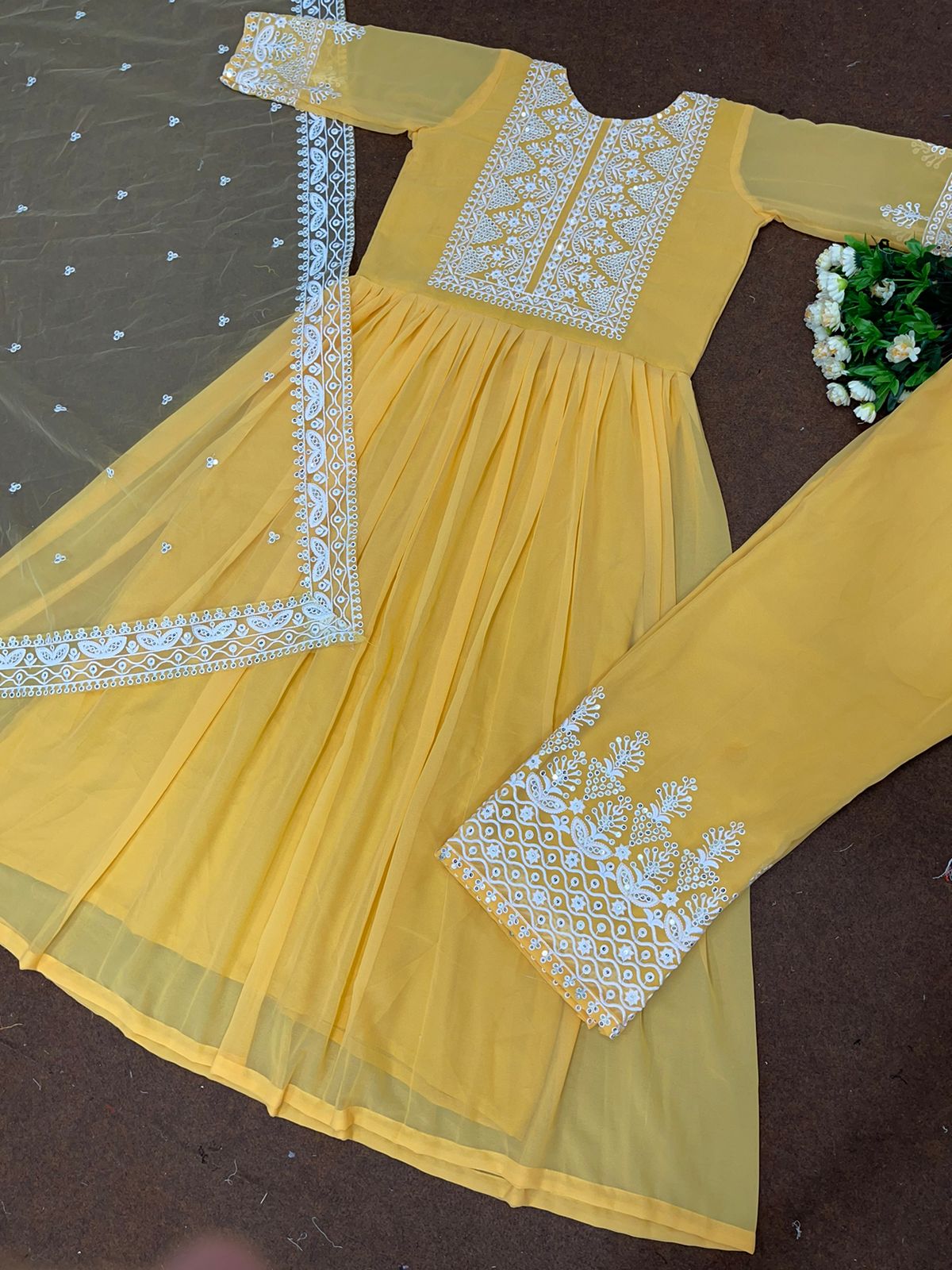 Thread Work Yellow Color Long Top With Palazzo