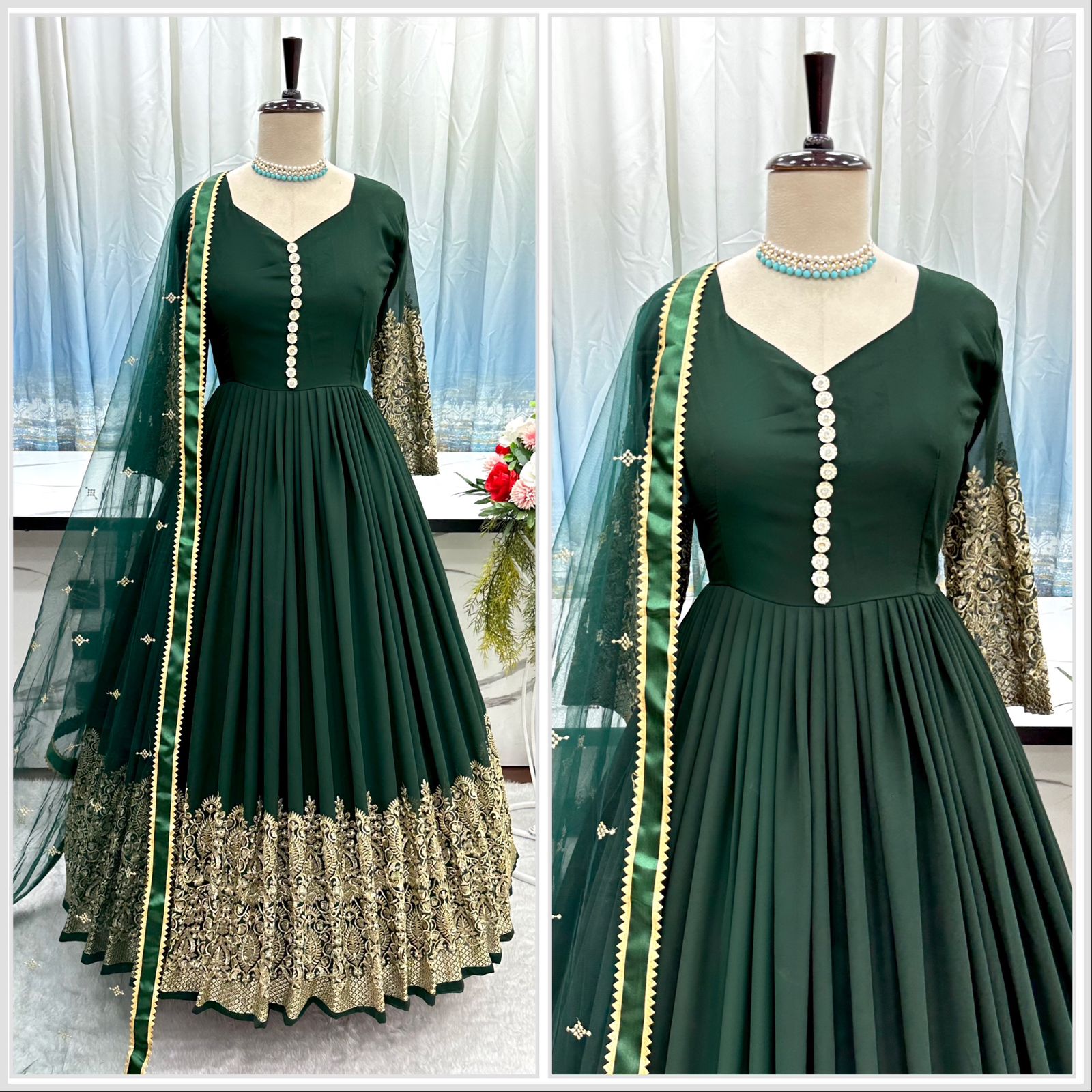 Blissful Embroidery Work Dark Green Color Anarkali Gown