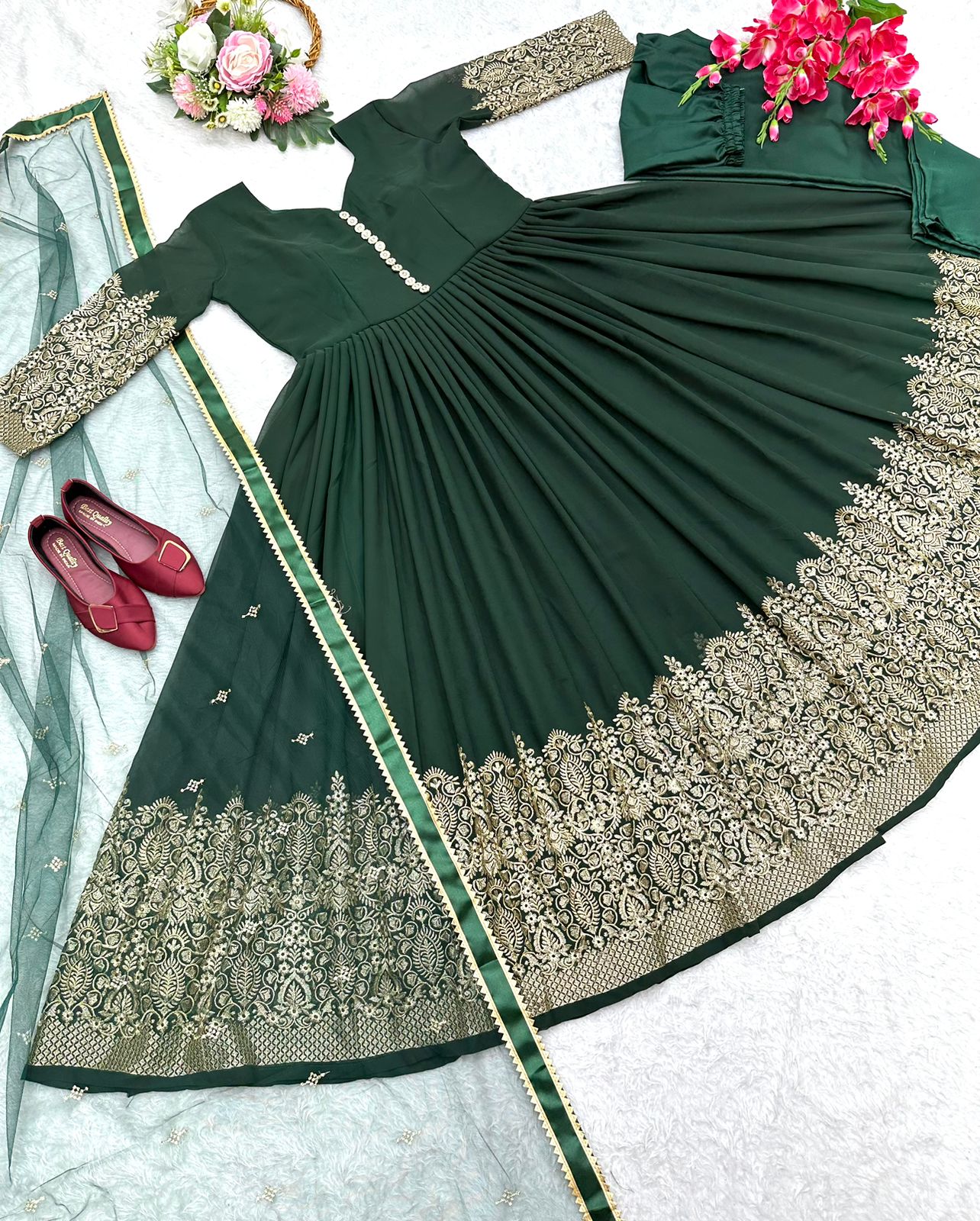 Blissful Embroidery Work Dark Green Color Anarkali Gown