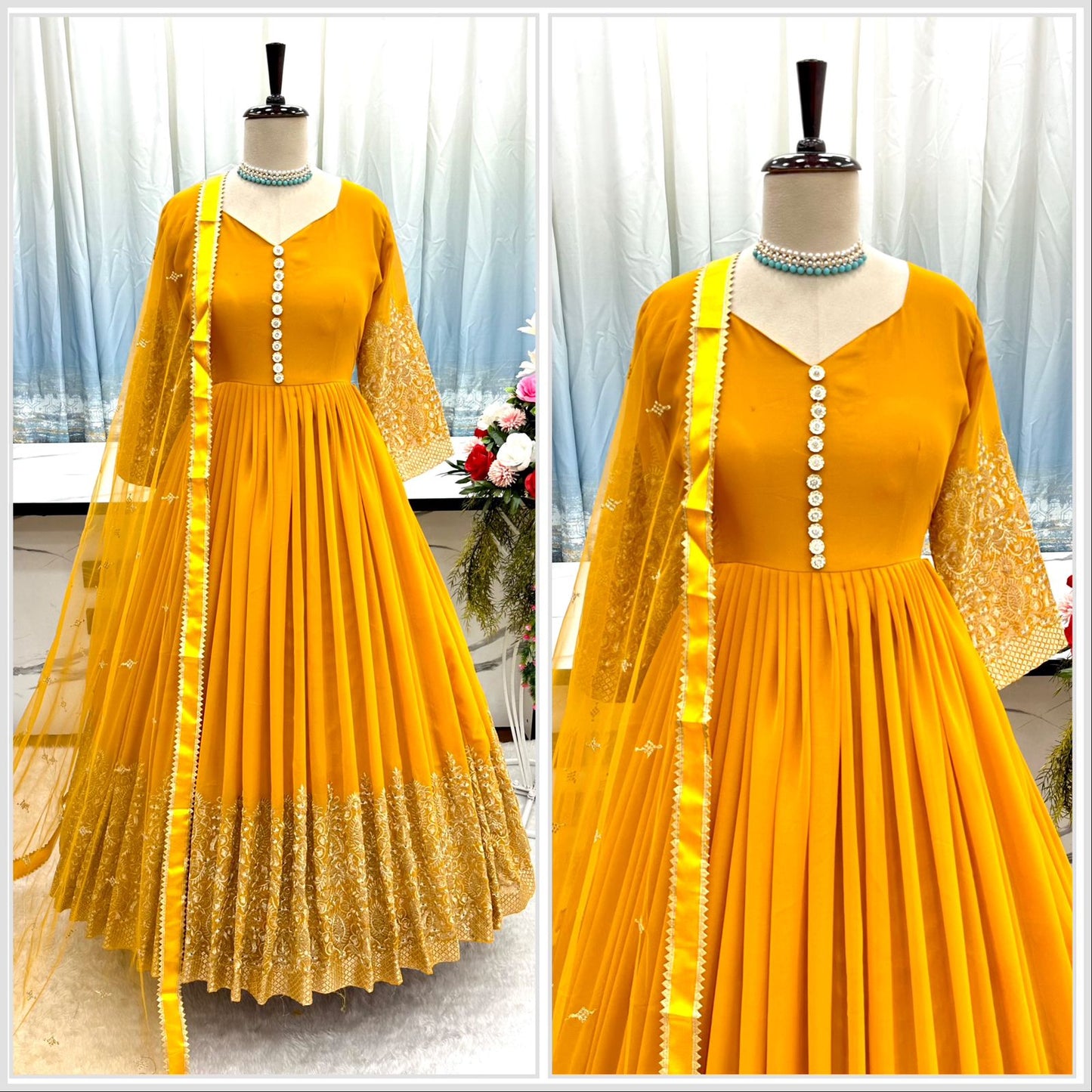 Blissful Embroidery Work Dark Yellow Color Anarkali Gown