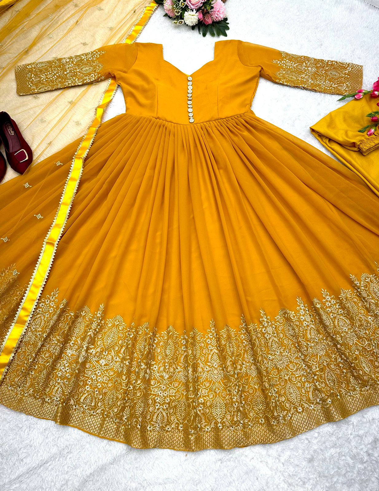 Blissful Embroidery Work Dark Yellow Color Anarkali Gown