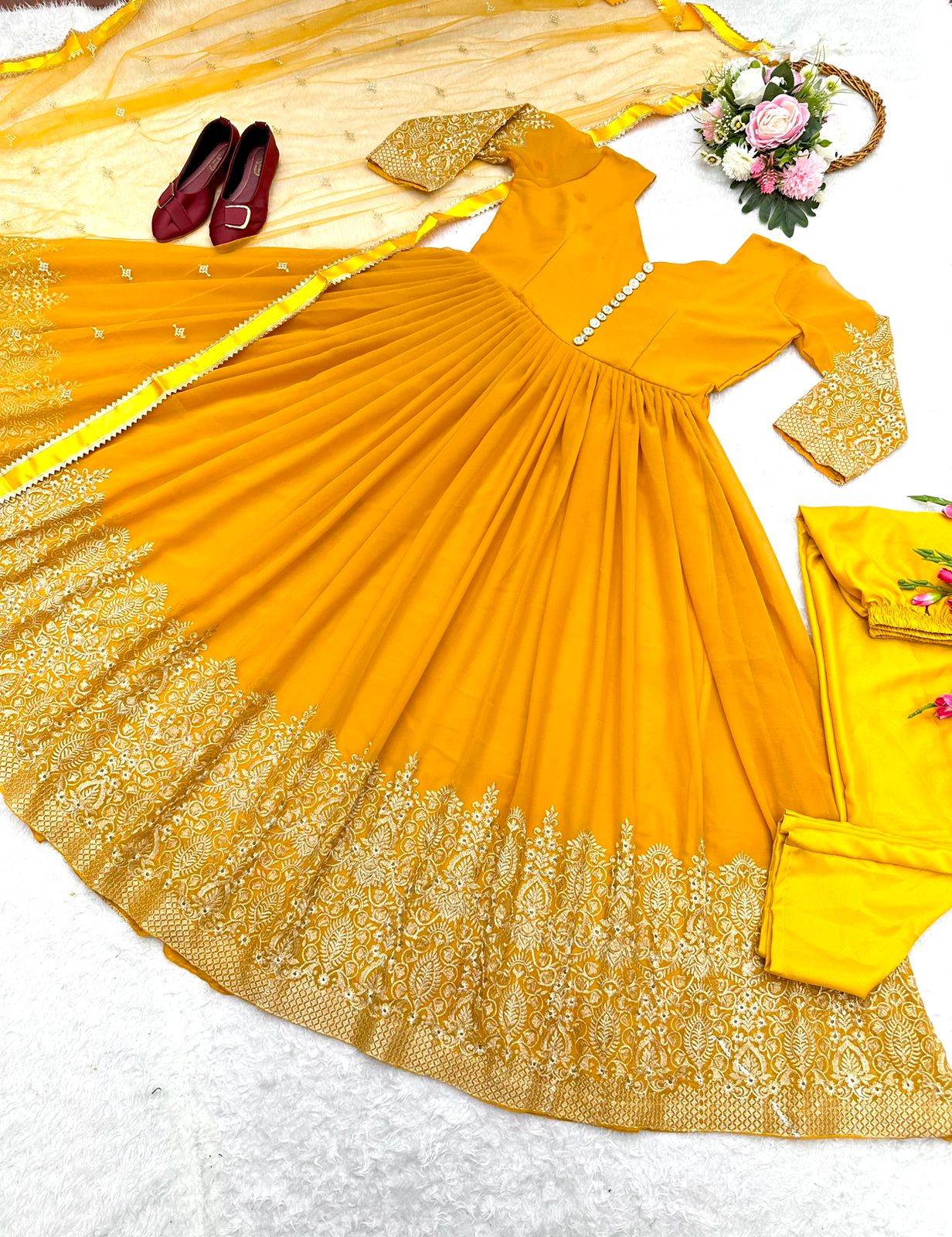 Blissful Embroidery Work Dark Yellow Color Anarkali Gown