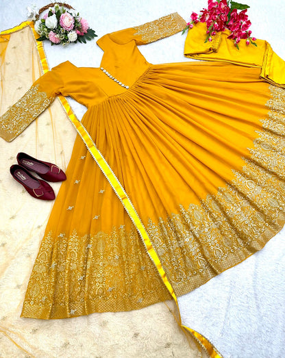 Blissful Embroidery Work Dark Yellow Color Anarkali Gown