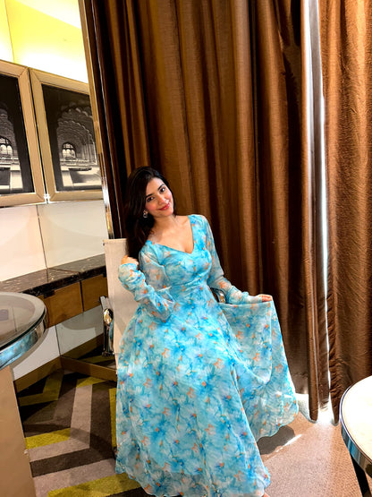 Sky Blue Color Digital Printed Georgette Silk Gown