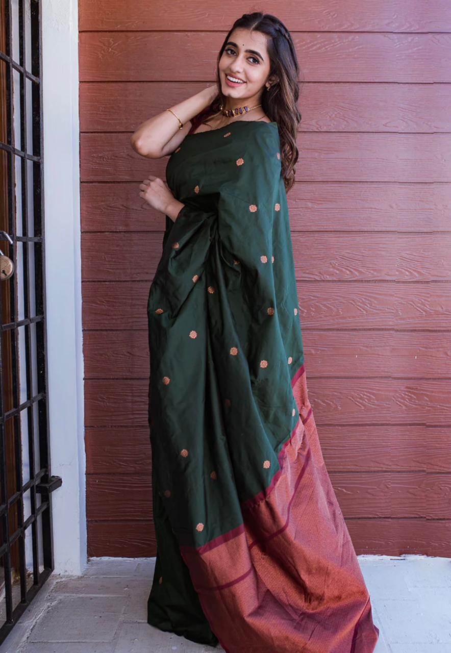 Banarasi Soft Silk Dark Green Color Saree