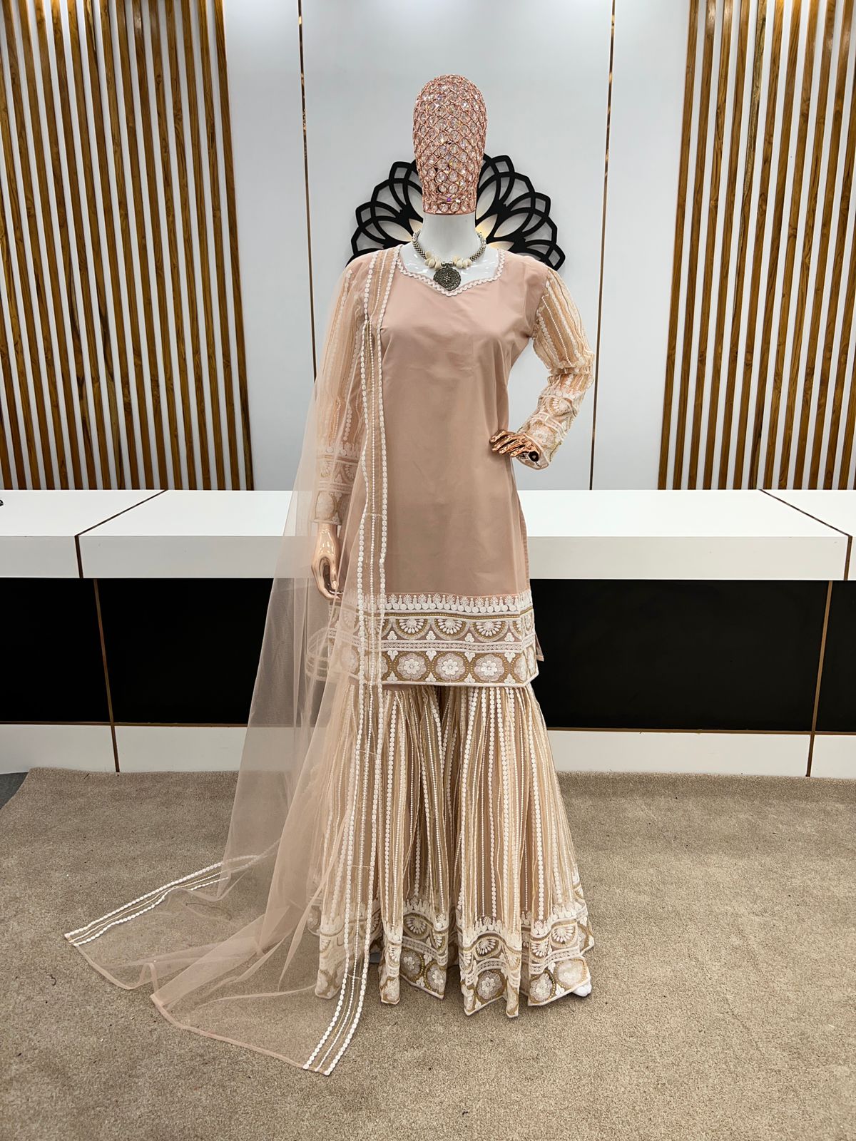 Wonderful Lakhnavi Cotton Beige Color Sharara Suit