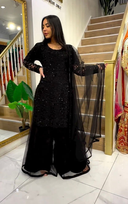 Lovely Black Color Embroidery Jari Sequence Work Sharara Suit