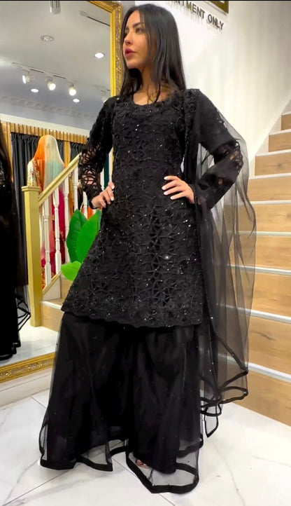 Lovely Black Color Embroidery Jari Sequence Work Sharara Suit